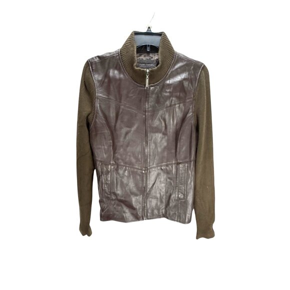 Jaclyn Smith Genuine Leather Knit Zip Jacket Brown10 vintage Style Outdoor - Picture 2 of 10